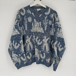 Vintage Partners Blue & White Western Design Knit Crewneck Sweater Large Womens